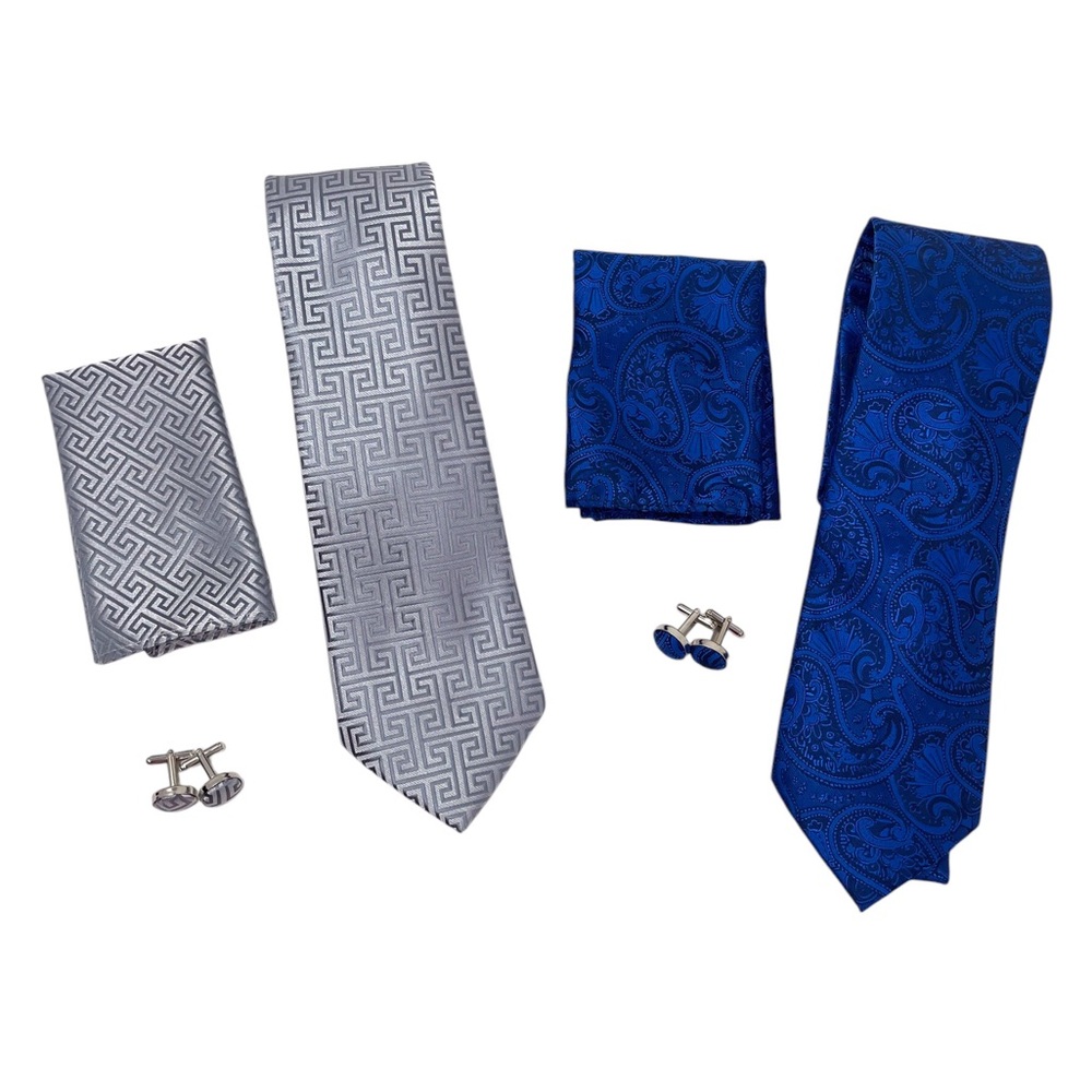 Dibangu tie pocket square and matching cuff links sets Royal blue and grey